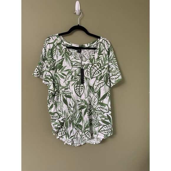 NWT TAHARI Top 100% Cotton‎ Women Size 3X Floral V-Neck Short Sleeve Green White - Picture 1 of 6